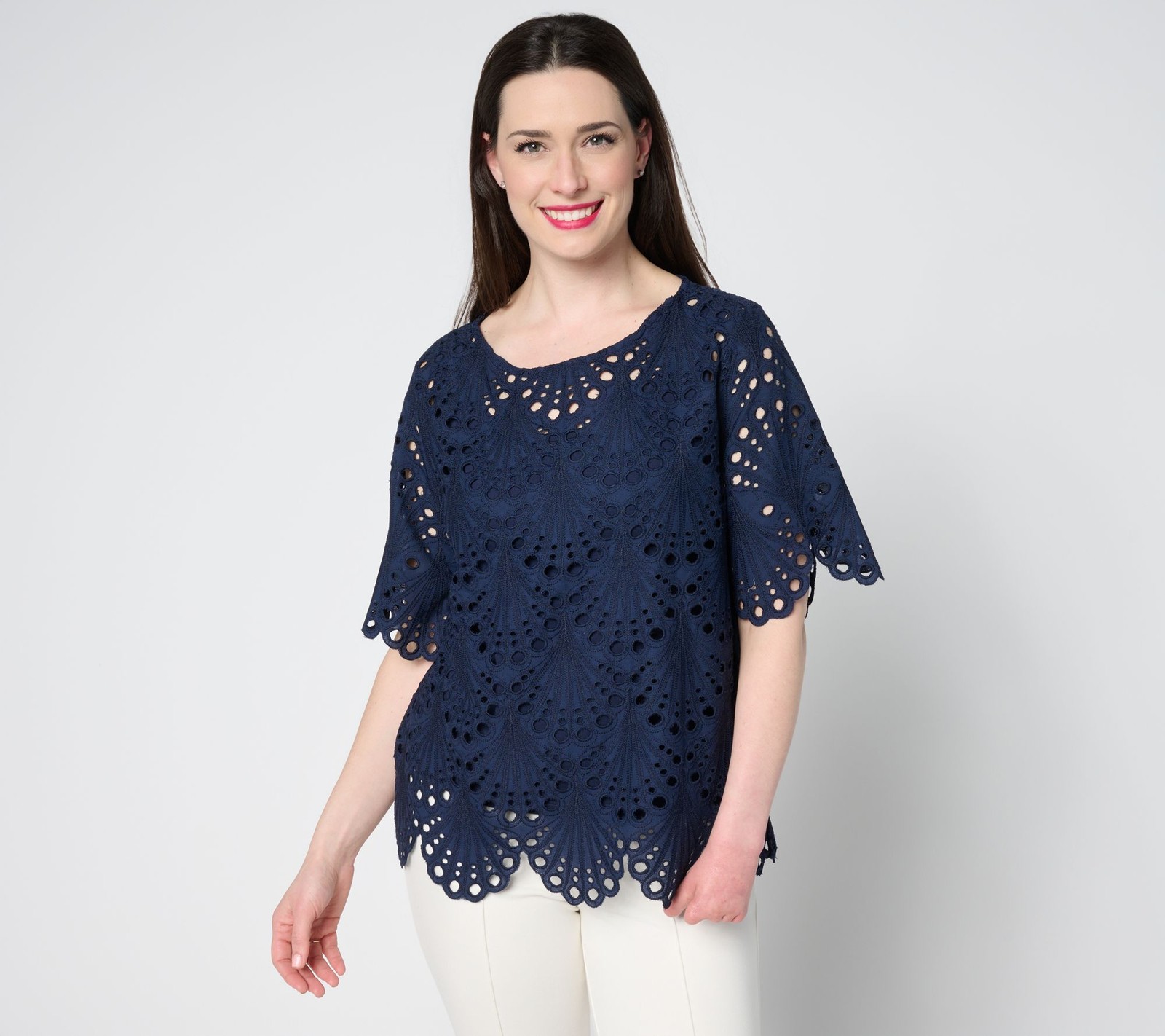 BEAUTIFUL by Lawrence Zarian Women’s Top Sz M Tropical Eyelet Knit Blue A693047