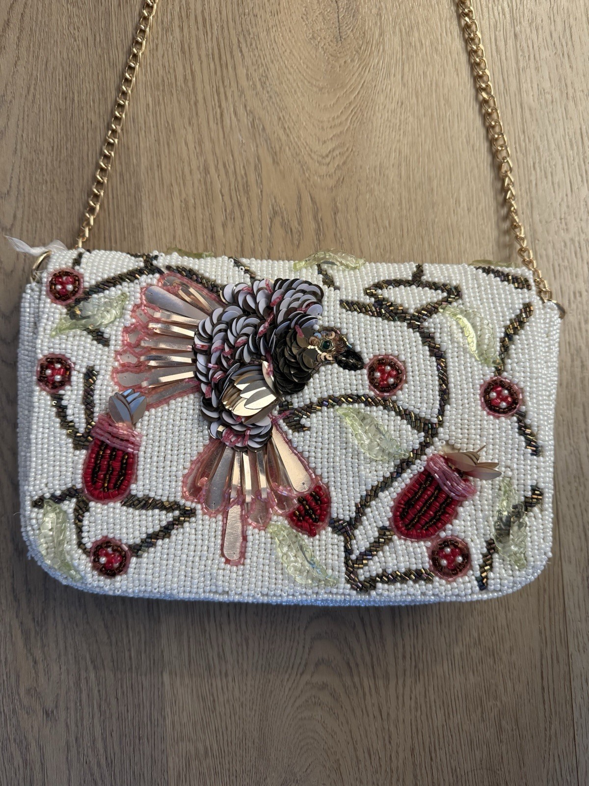 New Viral Tiktok Hummingbird Handmade Ivory Beaded Sequin Floral Shoulder Bag
