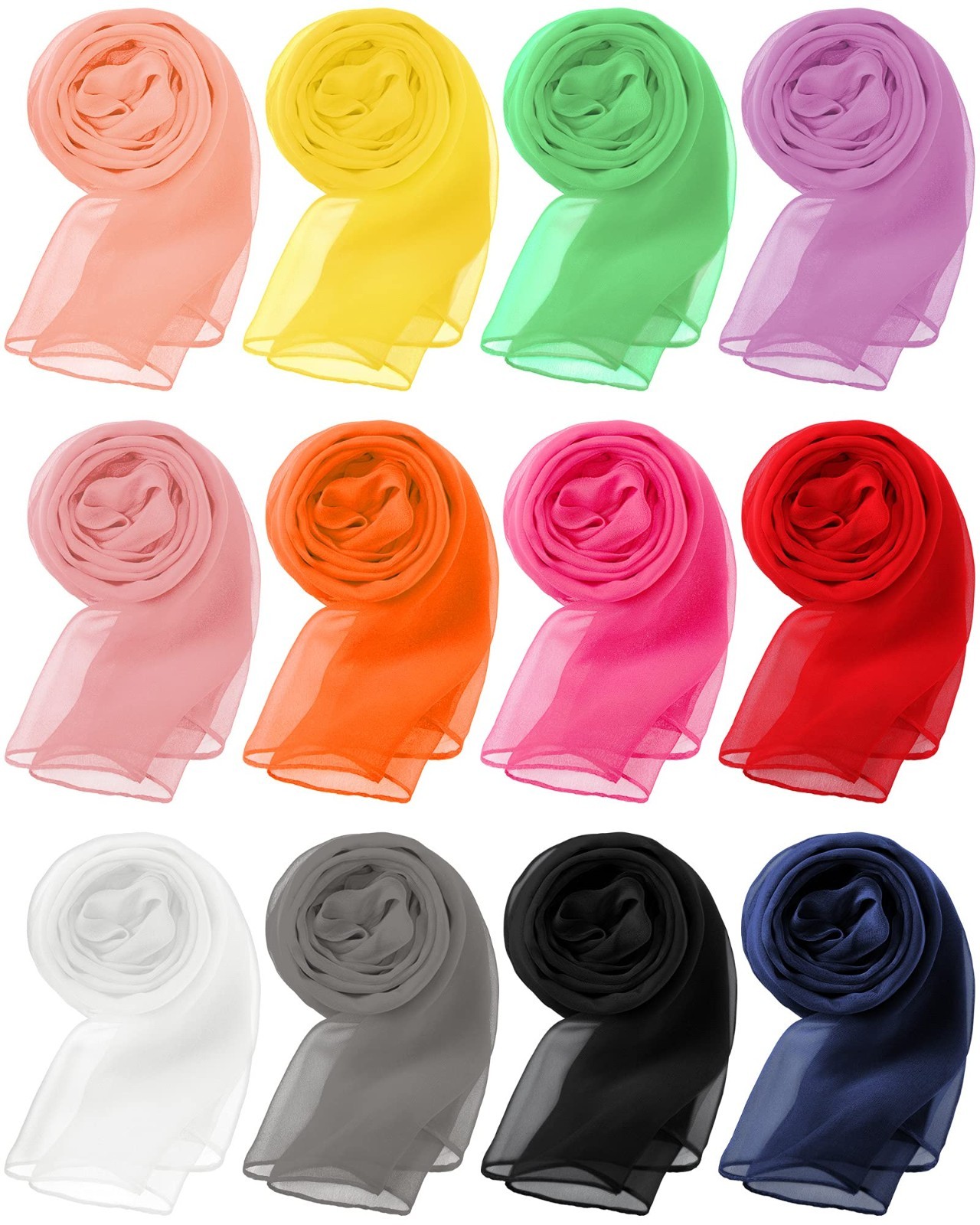12 Pack Women’s Solid Color Chiffon Scarves – Soft, Lightweight, Breathable 20×6