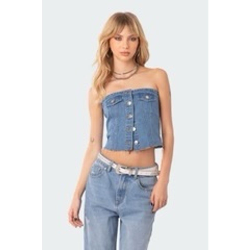 Edikted River Denim Tube Top Med Blue 100% Cotton Smocked Back Y2K
