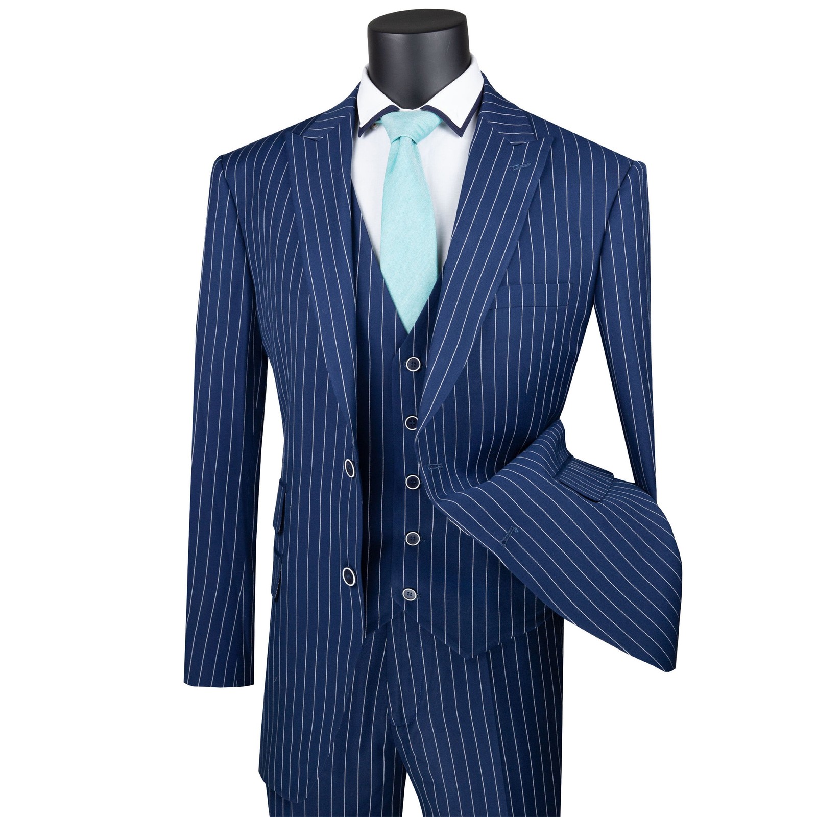 VINCI Men’s Blue Striped 3 Piece Regular Fit Suit w/ Flex Waist – NEW