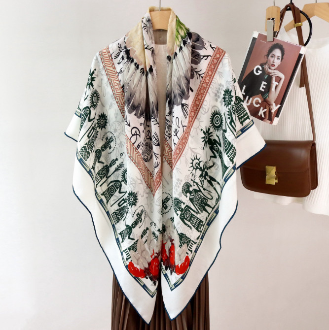 70% Cashmere 30% Silk Bandana 53” Red circle Print Scarf Neckerchief Shawl Wrap