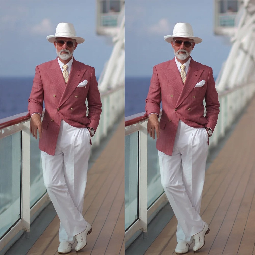 Linen Men’s Suit Peak Lapel Double Breasted Wedding Casual Summer Coat Pant 2pcs