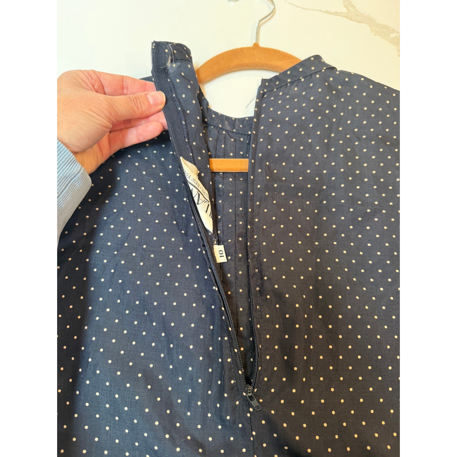 Vtg LANVIN womens navy white polka dot blouse 10 back zip classic old money