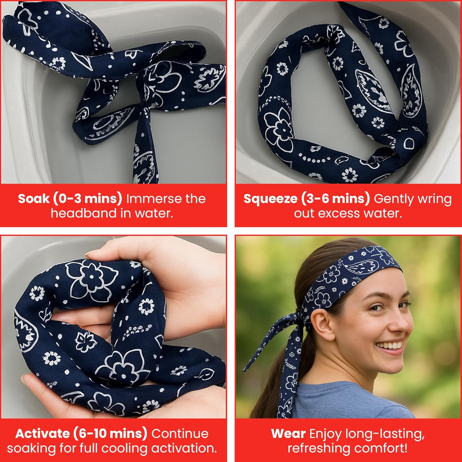 Iconikal 4-Pack Cooling Gel Bandana Head Band, 38-Inch, Red Blue Paisley, Cotton