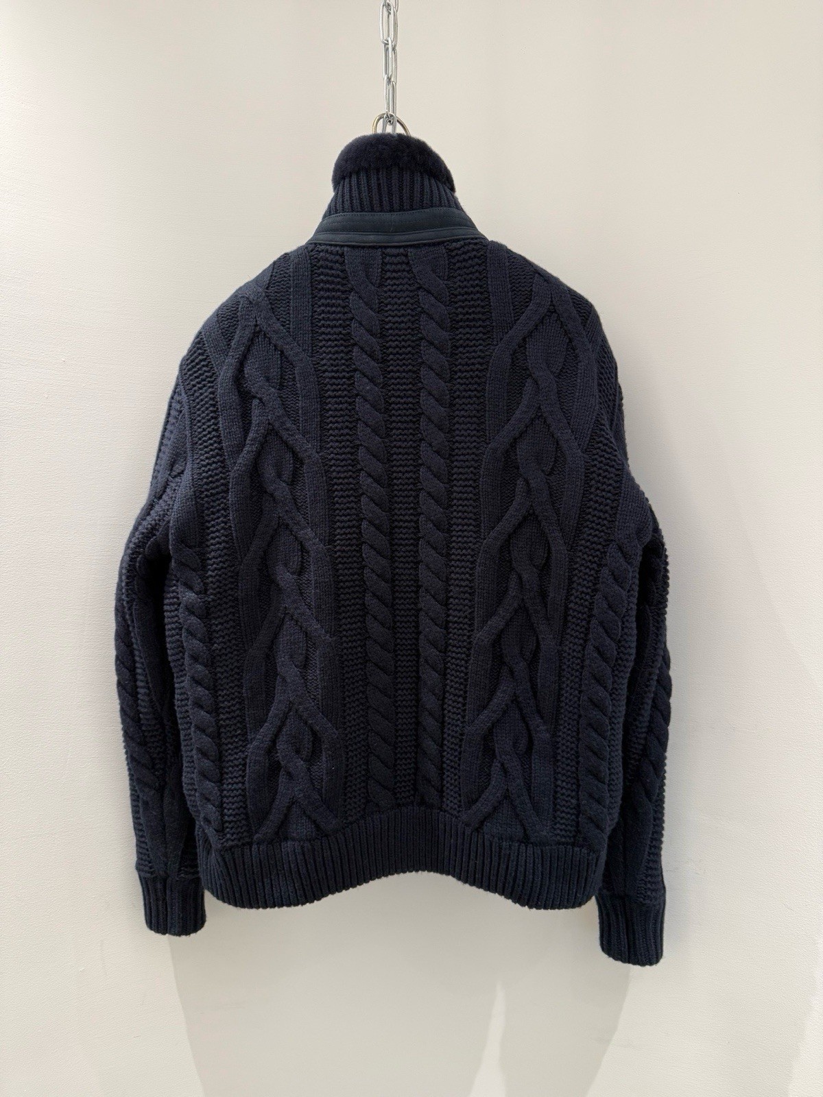 Brunello Cucinelli Men’s Navy Leather Bomber Jacket Full Zip Cable Sleeves 50