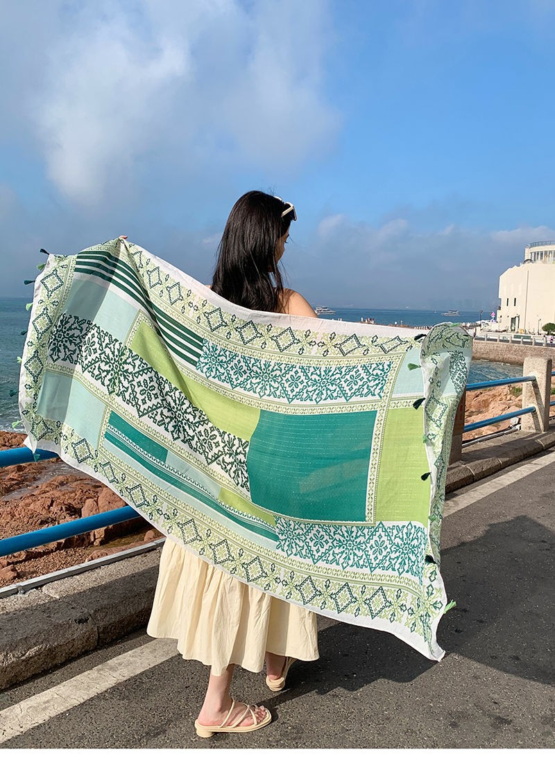 Green Ethnic Scarf Shawl Wrap Cotton Linen Lightweight Cover for Summer Beach