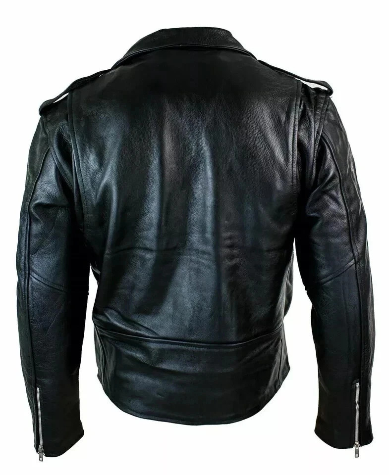 Men’s Motorcycle Leather jacket Genuine Buffalo Skin Brando Style BlackBiker New