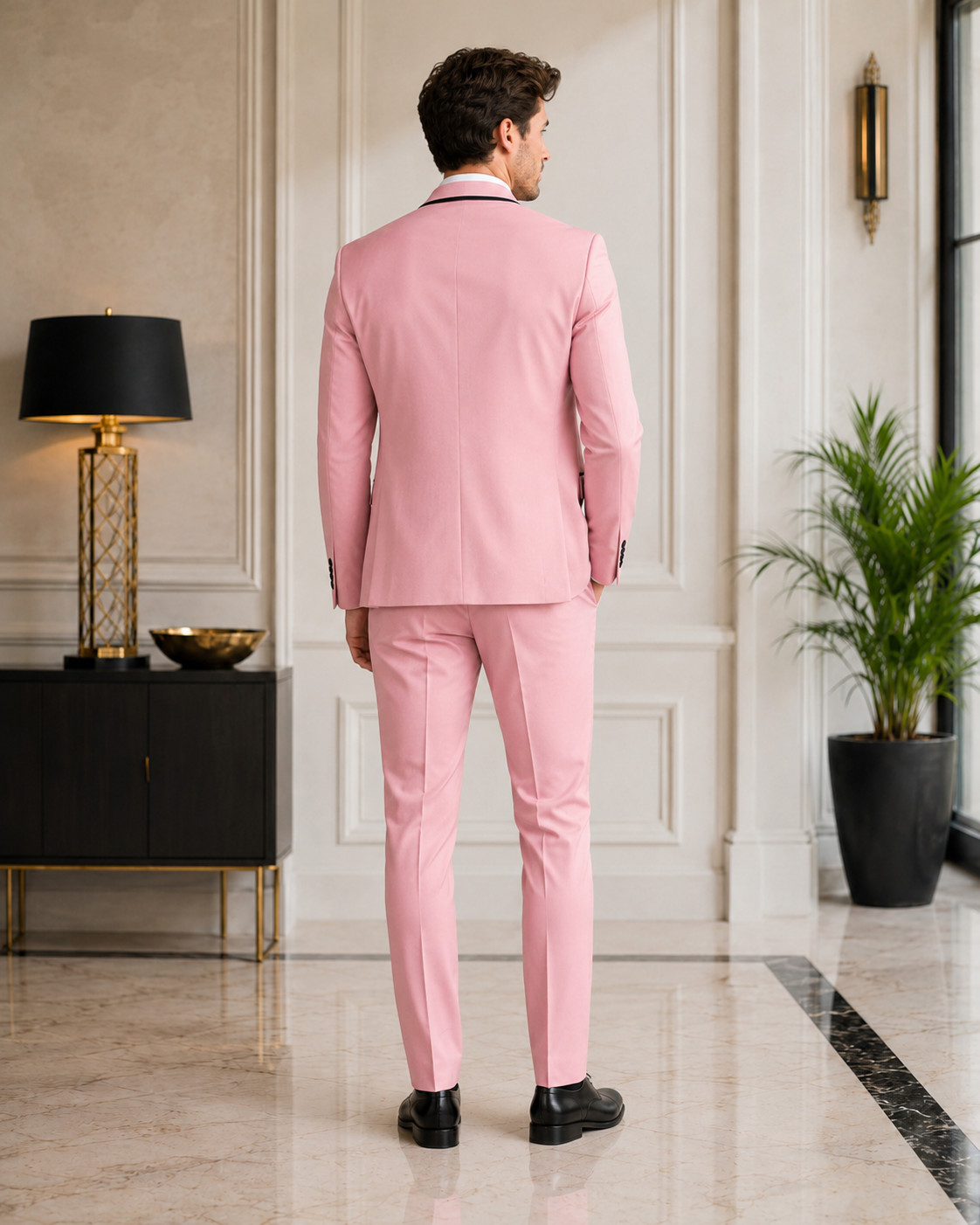 Mens Pink 3 Piece Suit Black Trim Blazer Vest Pants Wedding Prom Formal Tuxedo