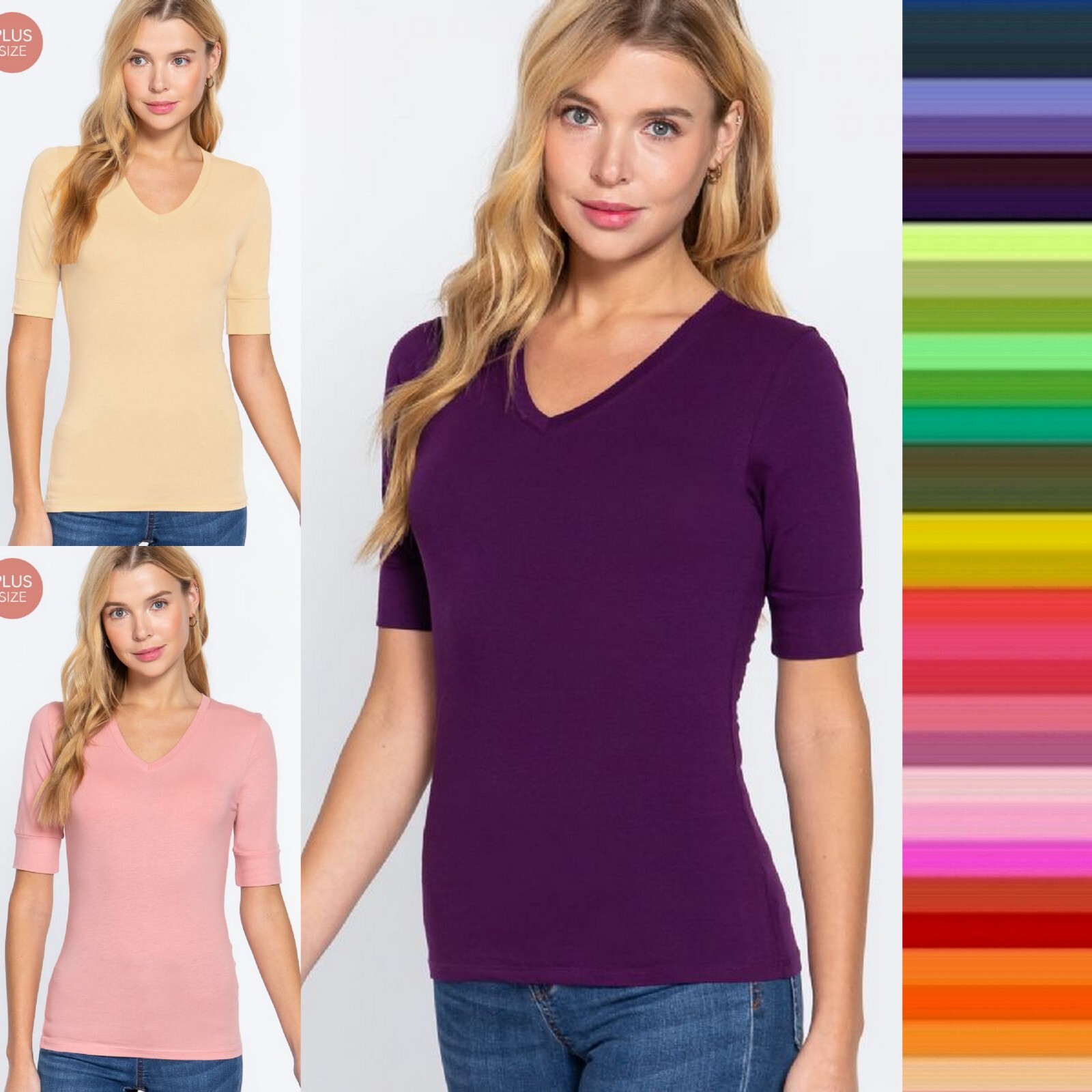 1XL 2XL 3XL Women’s 3/4 Sleeve V-Neck T-shirt Soft Stretch Cotton Basic Tee Top