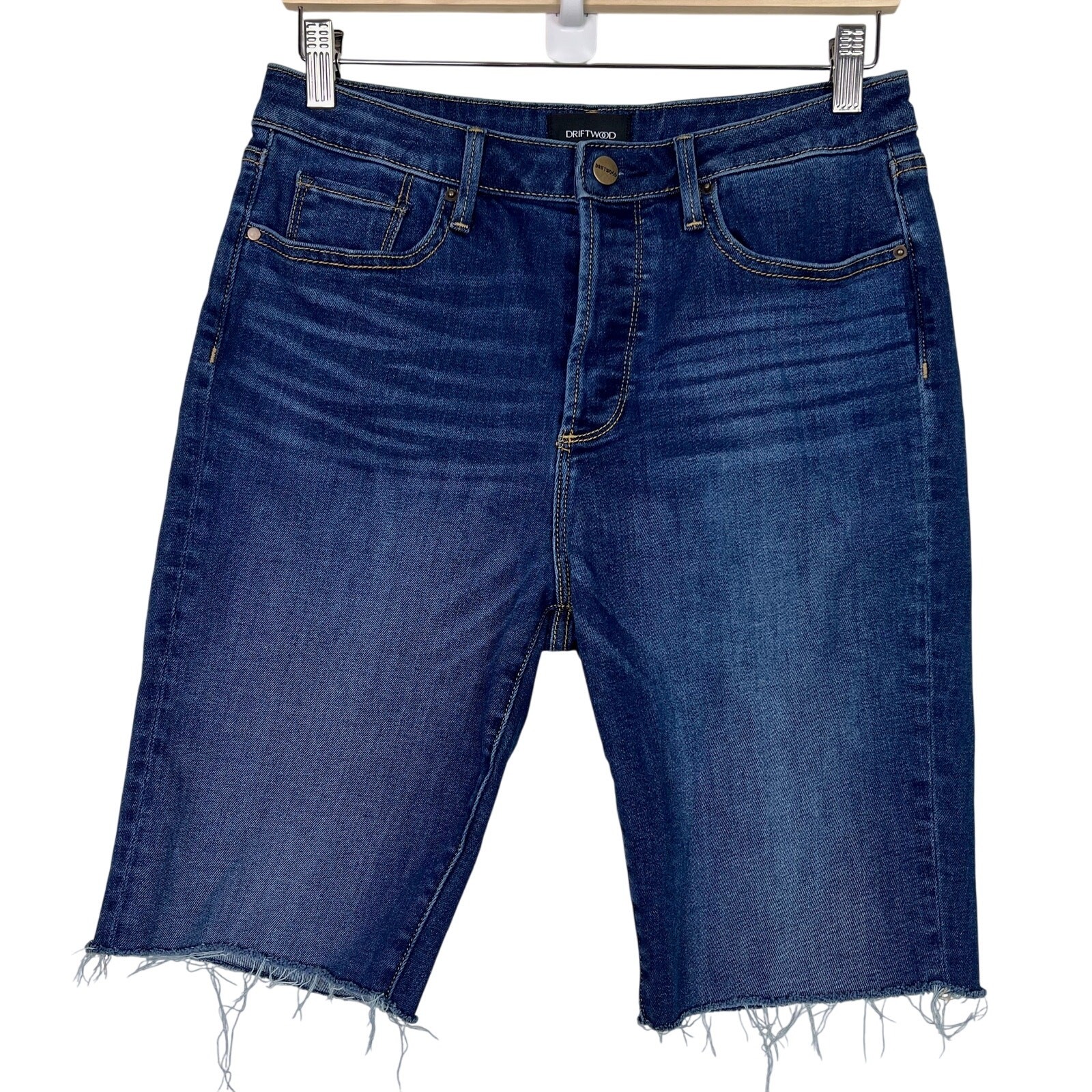 Driftwood Meg Size 28 Denim Cutoff Bermuda Jean Shorts Medium Wash Button Fly