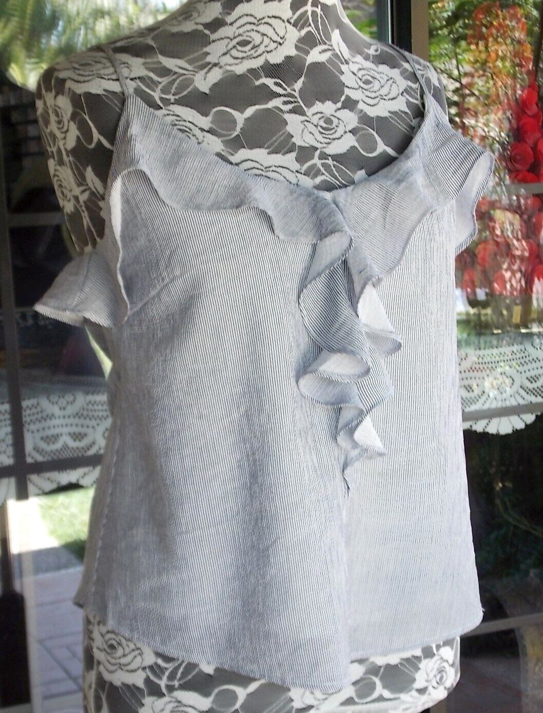 Ruffle Trim Lined Wishlist Apparel Striped Cami Shirt Sz. L 40″ Bust