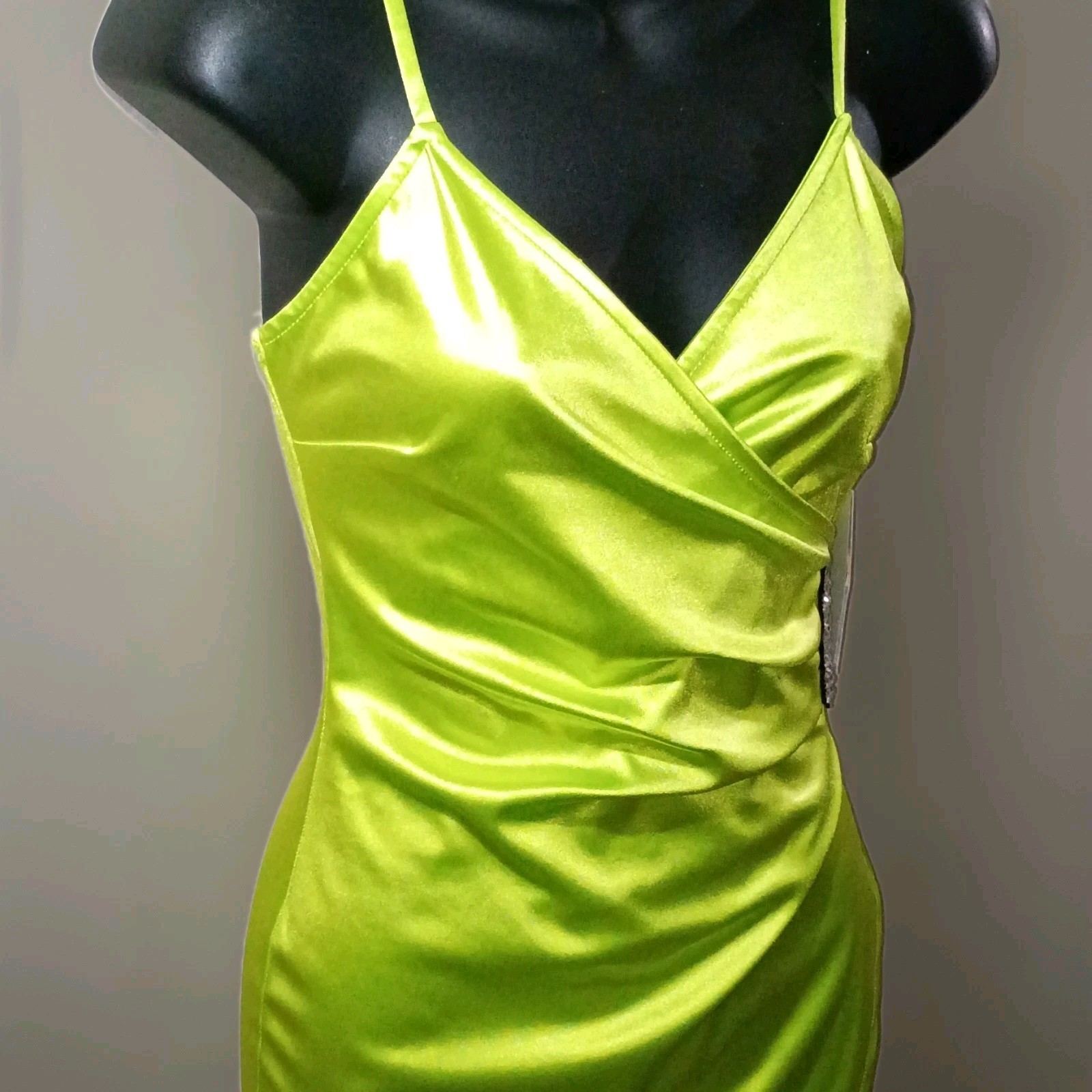 IRIS Slip Dress Green Satin V-Neck Spaghetti Straps Asymmetric Rhinestone S