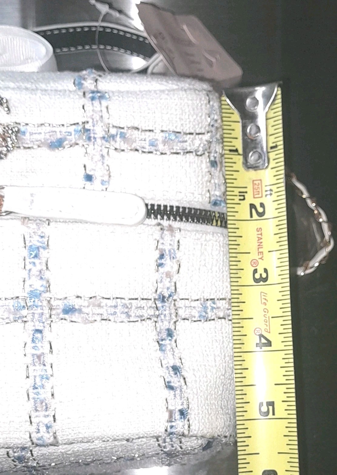 New White Blue Tweed Shoulder Bag with Bow, Rhinestone, Pearl, Gold Handcrafted