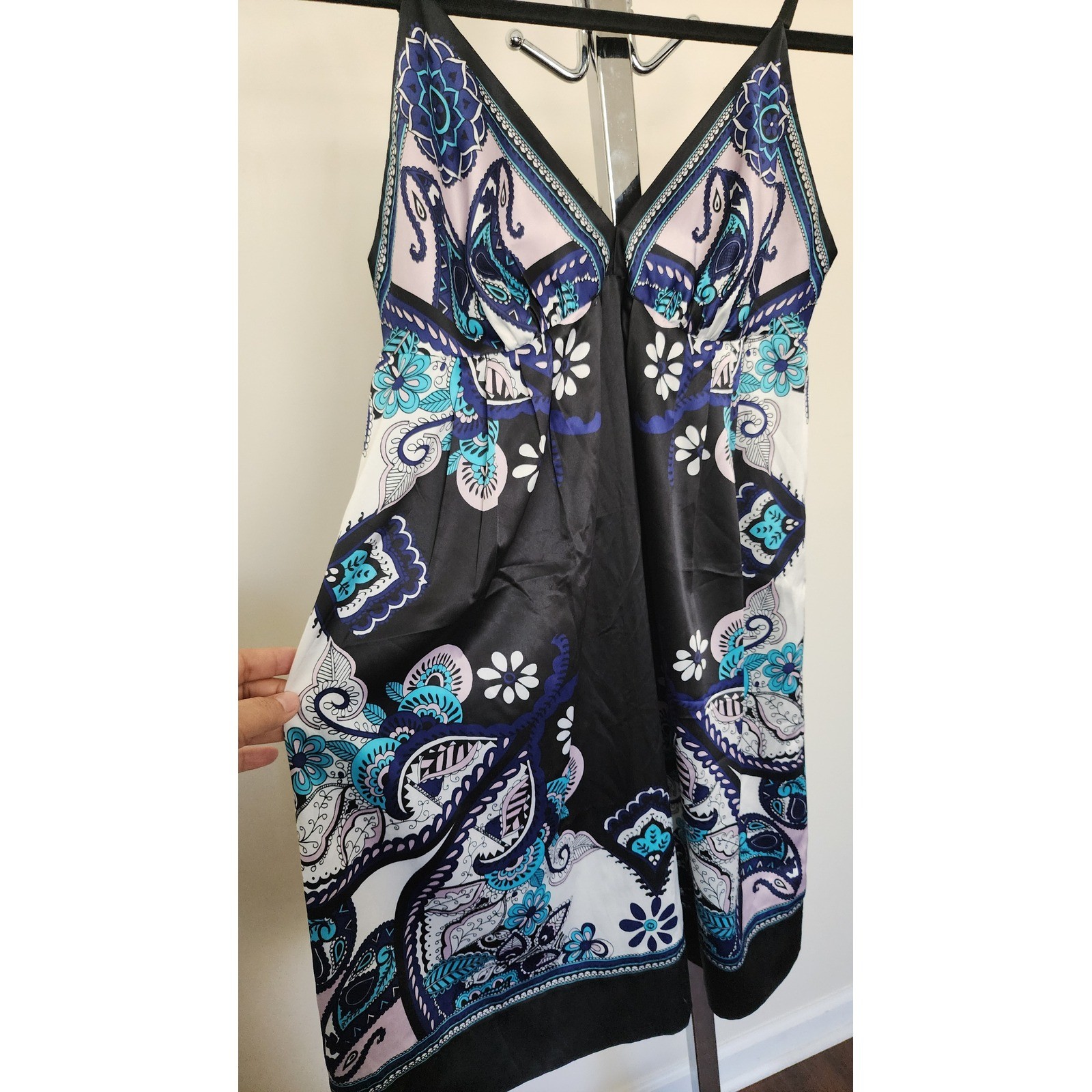ICE Petite Women Black Blue Paisley Floral Satin Mini Dress Size 8P Boho Summer