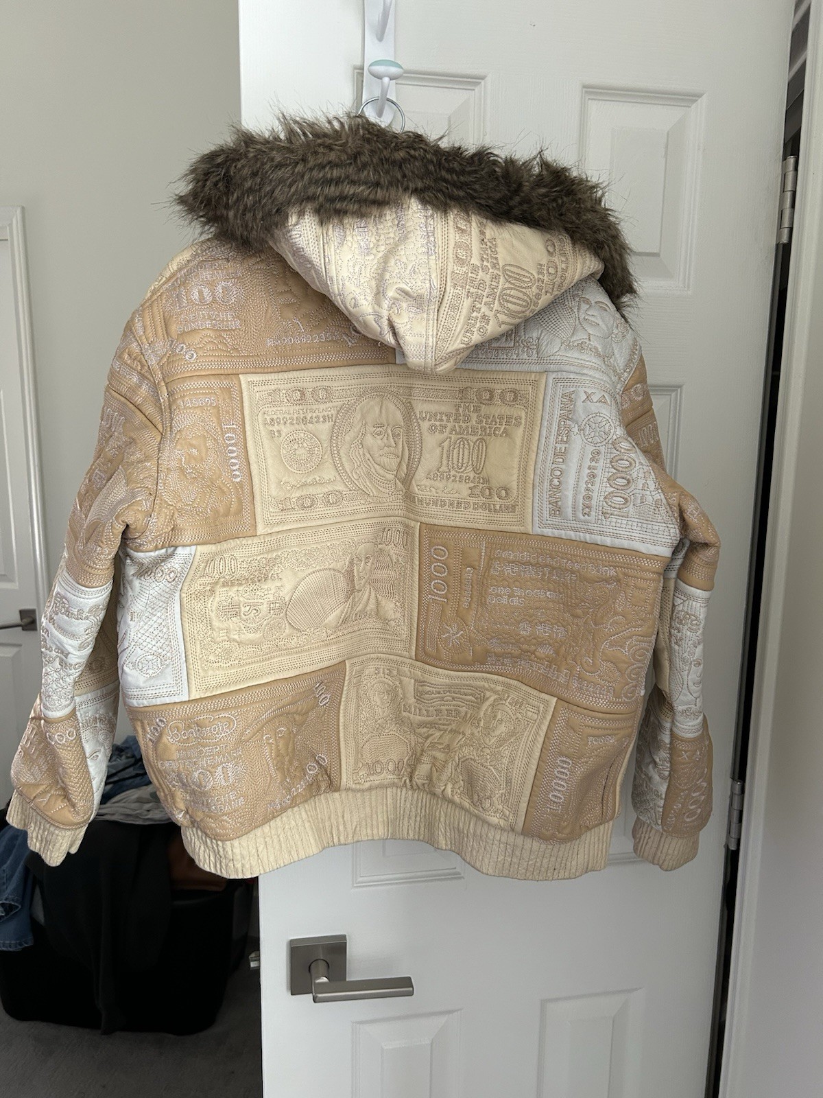 Tanners Avenue Men’s Leather Bomber Jacket Money Pattern Hood Faux Fur XL