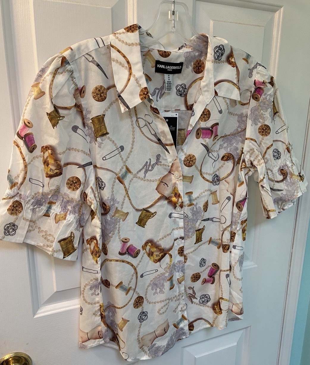 NWT Karl Lagerfeld Paris 100% Cotton Sewing Print Ruffle Sleeve Blouse Size M