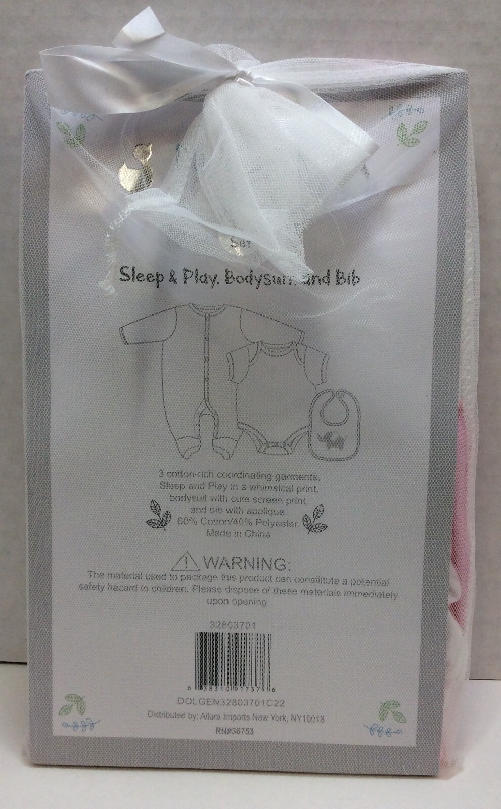 Duck Duck Goose Girls 3 Piece Sleep & Play Bodysuit and Bib 0-3Mos, Ships Free