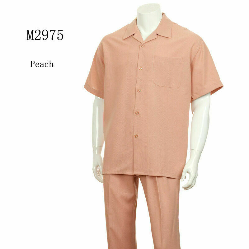 New Men’s 2pc Walking Suit Short Sleeve Casual Shirt & Pants Set Solid M2954 .