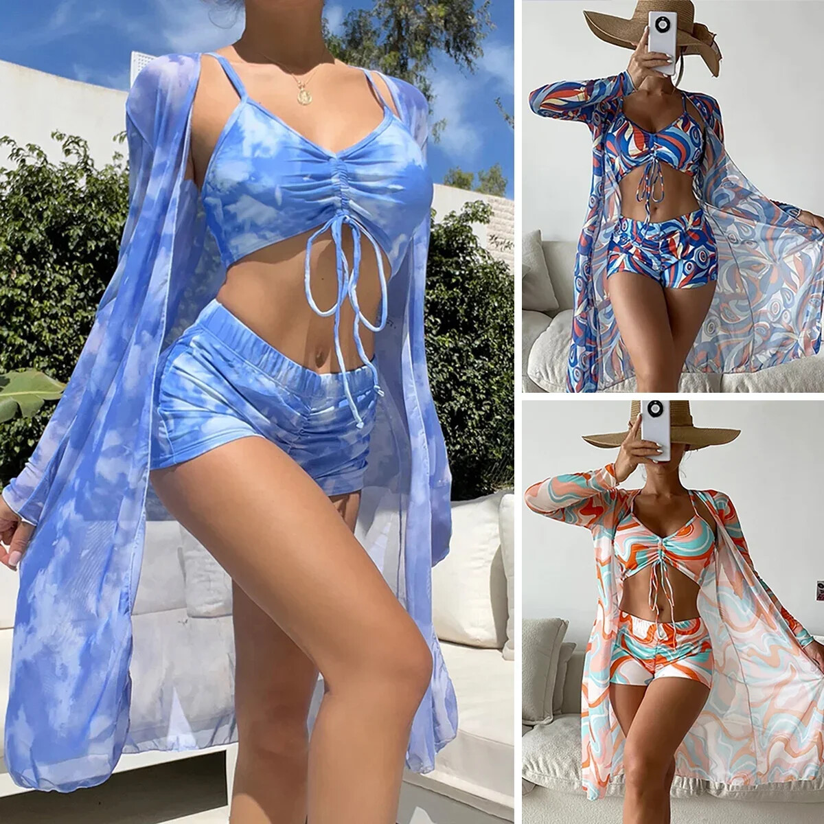 Womens 3 Piece Swimsuit with Mesh Long Sleeve Cover Up Drawstring Bathing Suits