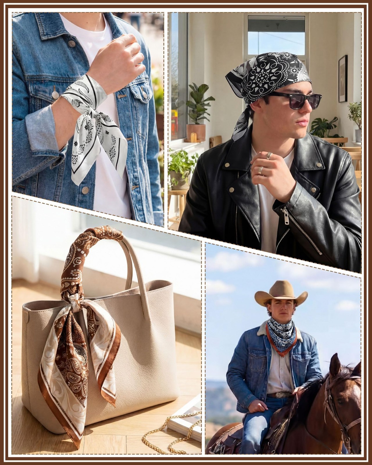 4 Pcs Silk Feeling Square Neck Scarves for Men, Leather Ring Pocket Squares, Cow