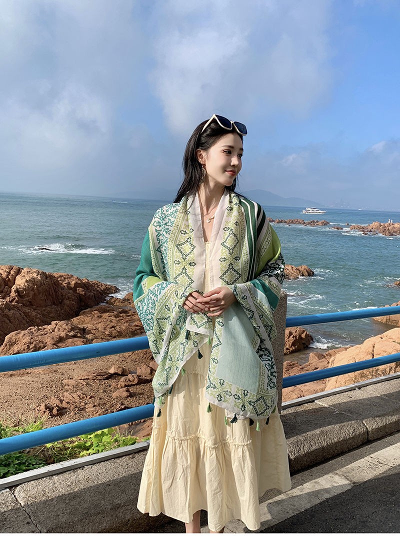 Green Ethnic Scarf Shawl Wrap Cotton Linen Lightweight Cover for Summer Beach