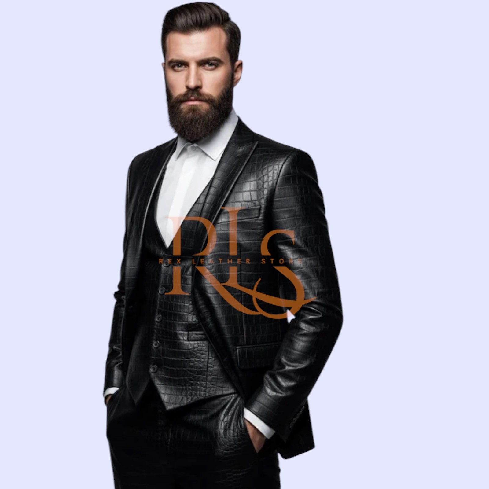 Men’s 3 Piece Black Crocodile Print Leather Set Of Pant, Vest & Coat Causal Set