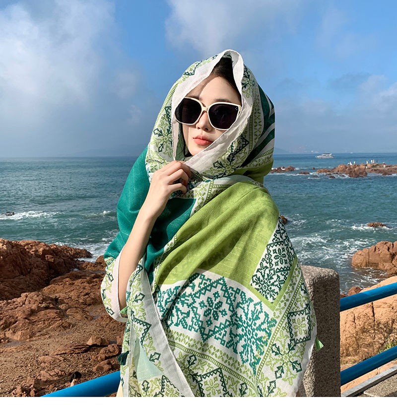Green Ethnic Scarf Shawl Wrap Cotton Linen Lightweight Cover for Summer Beach