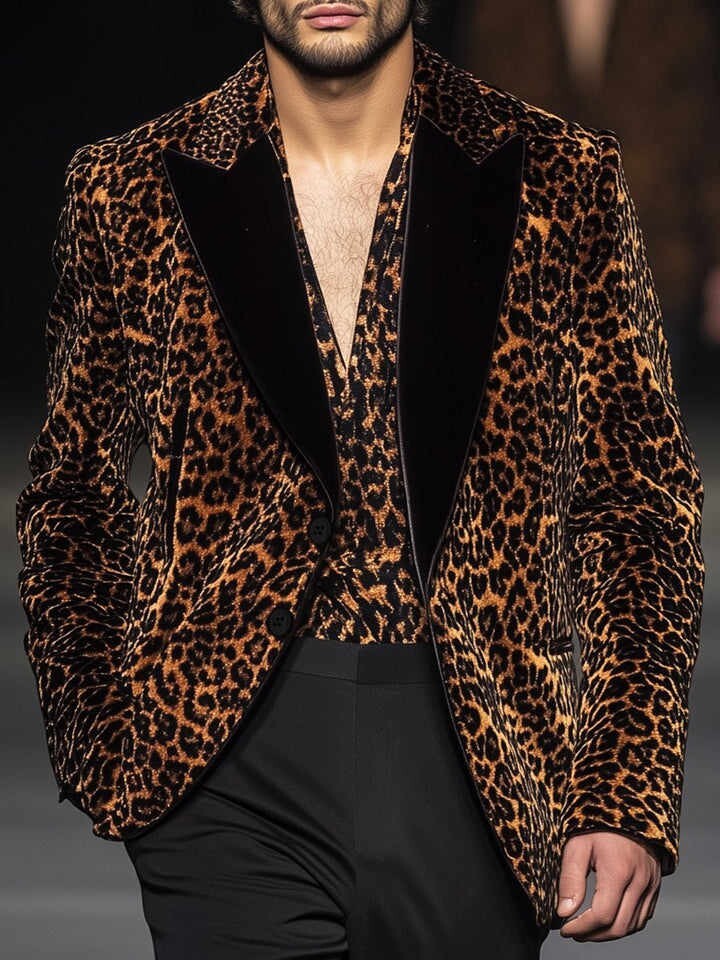 Men’s Leopard Print Blazer Peak Lapel Trendy Jacket Vest Party Show Wear 2 Pcs