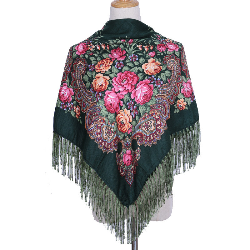 Ethnic Style Shawl Print Square Scarf Cotton Scarf Retro Tassel Shawl Women