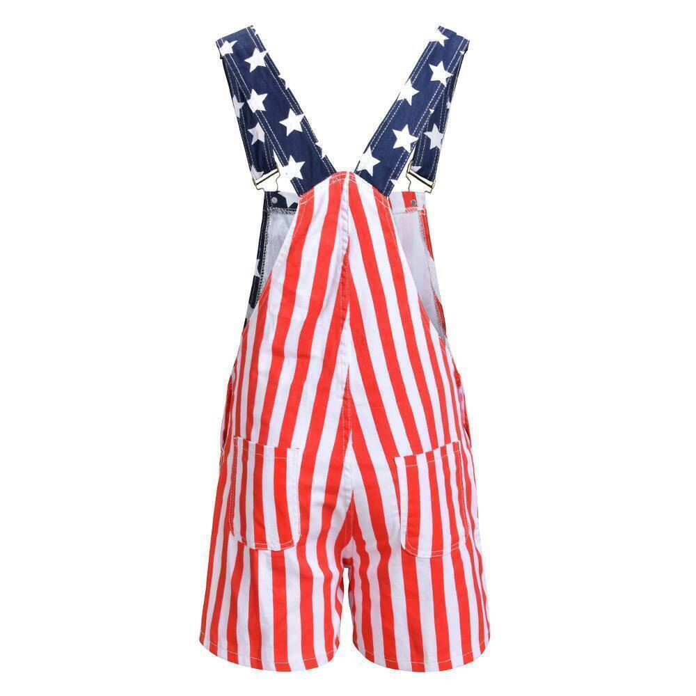 Women’s & Men’s Overalls USA America Flag Print Bib Pants Jumpsuit Romper Shorts