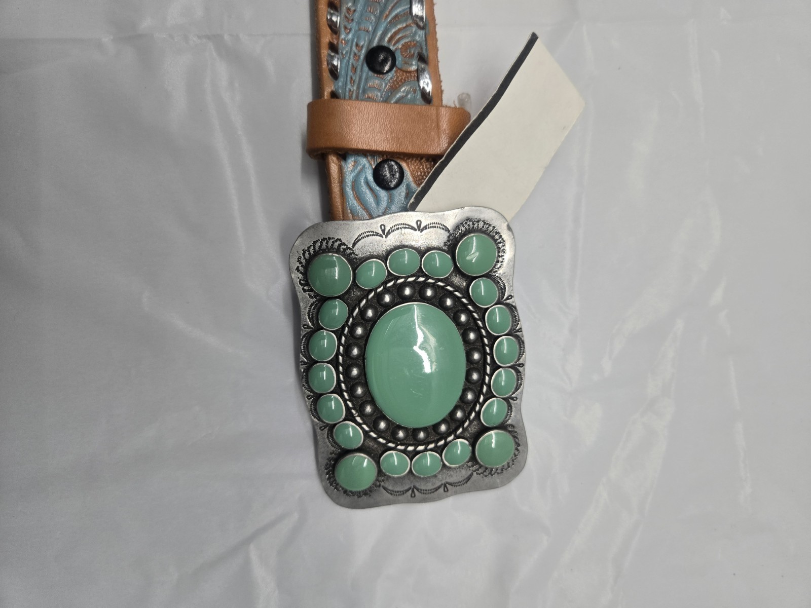 Krazy Cow Leather Belt With Faux Turquoise Buckle, Style 8180T