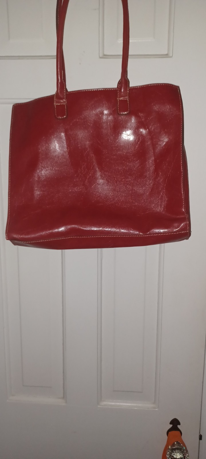 Womens Red Faux Leather, Black Lined Inner Pockets Silver Hardware Medium