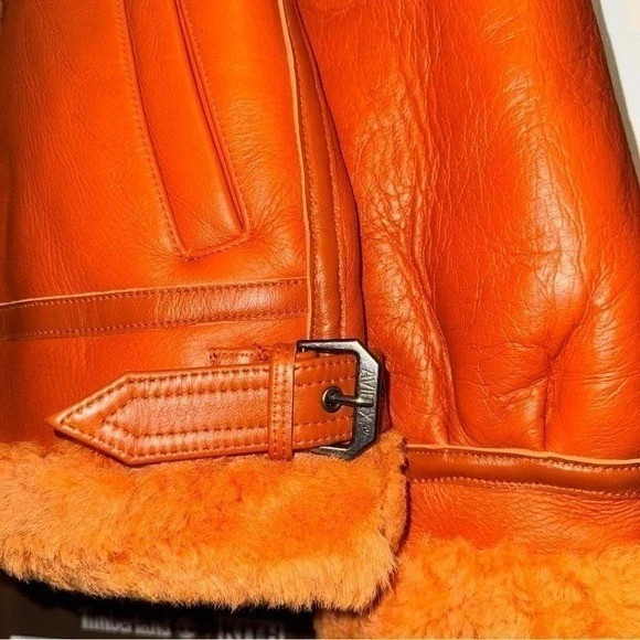 Avirex USA Mens Orange Leather B-3 Bomber Shearling Flight Jacket Size S to 3XL