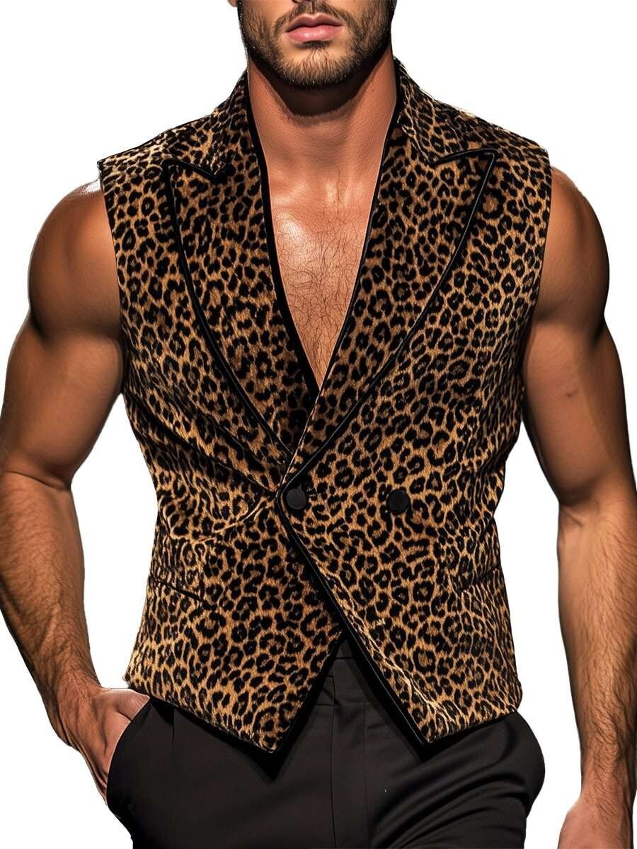 Men’s Leopard Print Blazer Peak Lapel Trendy Jacket Vest Party Show Wear 2 Pcs