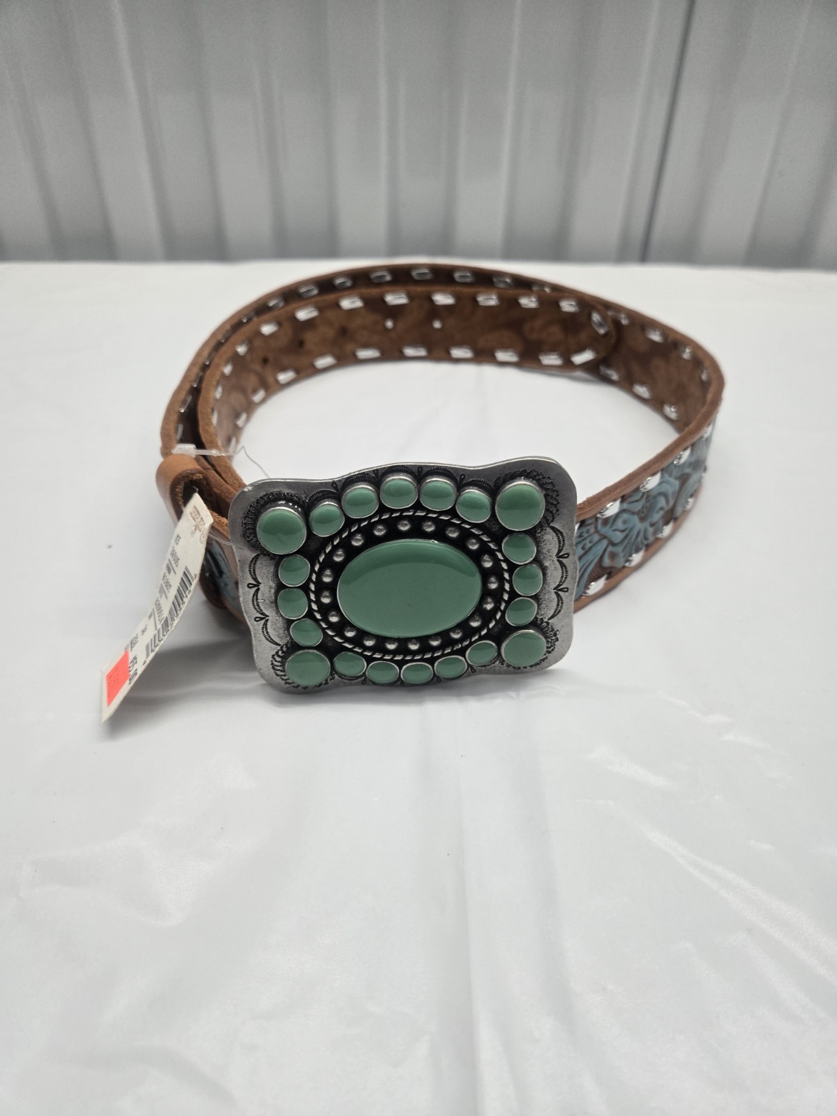 Krazy Cow Leather Belt With Faux Turquoise Buckle, Style 8180T