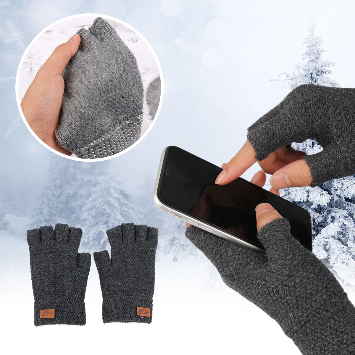 Winter Alpaca Wool Fingerless Gloves Thermal Men Knitted Half Finger Mitten Lot