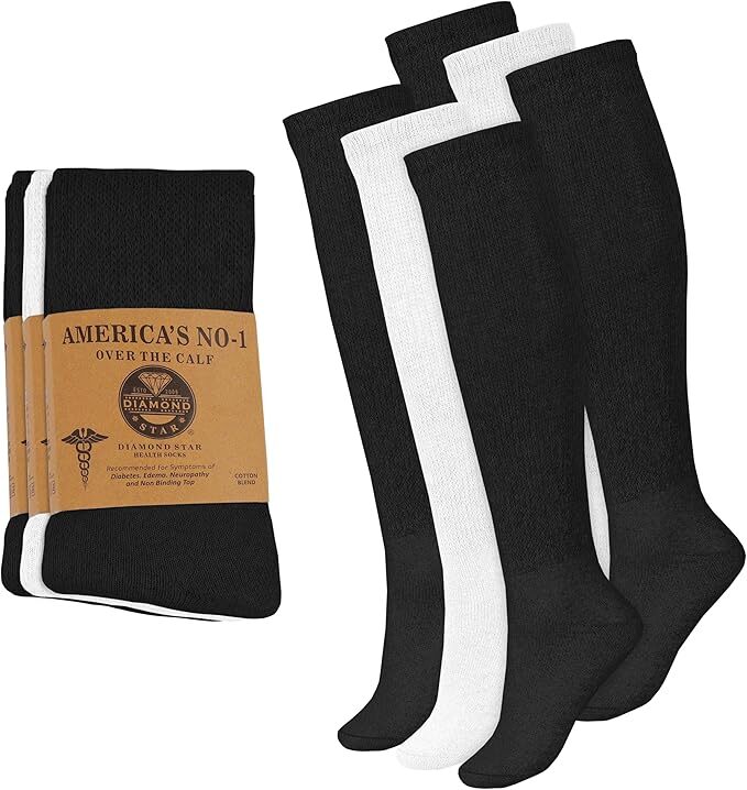 6-12Pairs Men’s Diabetic Over The Calf – Knee High Compression Cotton Crew Socks
