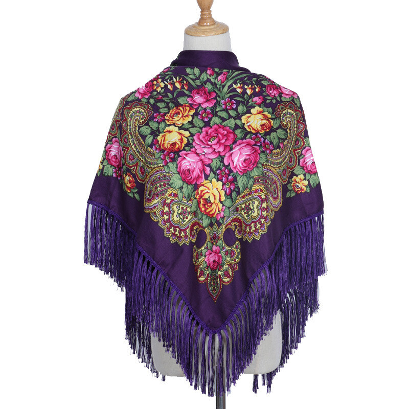 Ethnic Style Shawl Print Square Scarf Cotton Scarf Retro Tassel Shawl Women