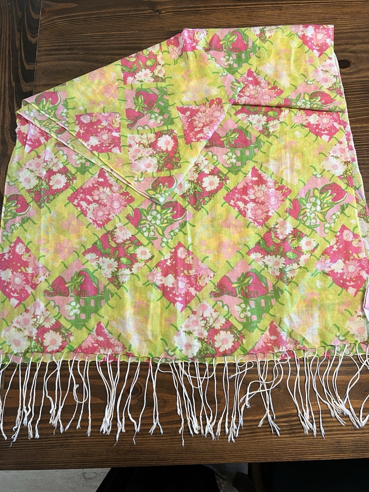 Lilly Pulitzer Murfee Scarf Sunshine Hibiscus Lime & Pink Silk/Cashmere blend