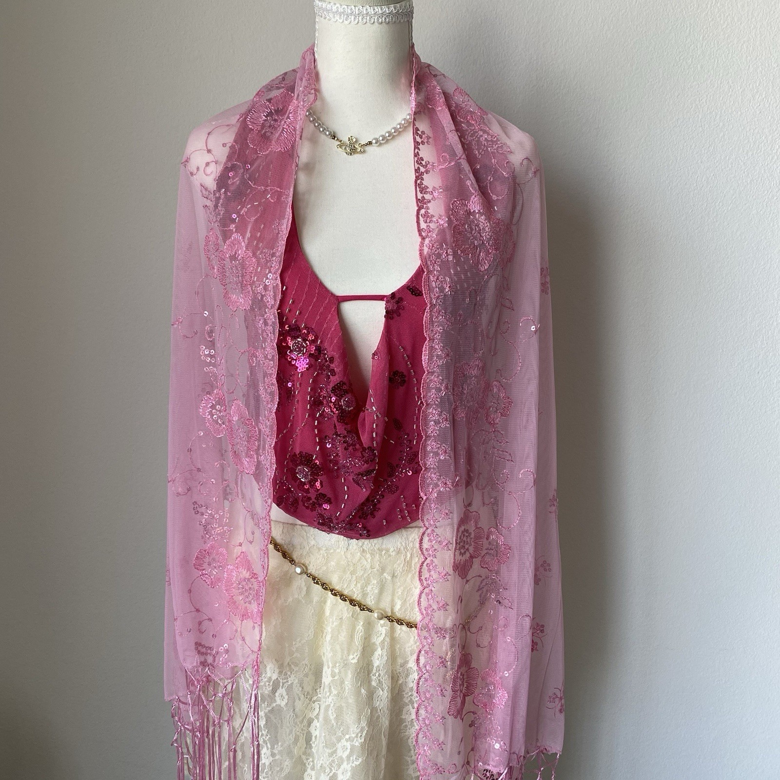 Pink Mesh Sheer Shawl Wrap Floral Embroidered Sequin Women’s Embellished Scarf