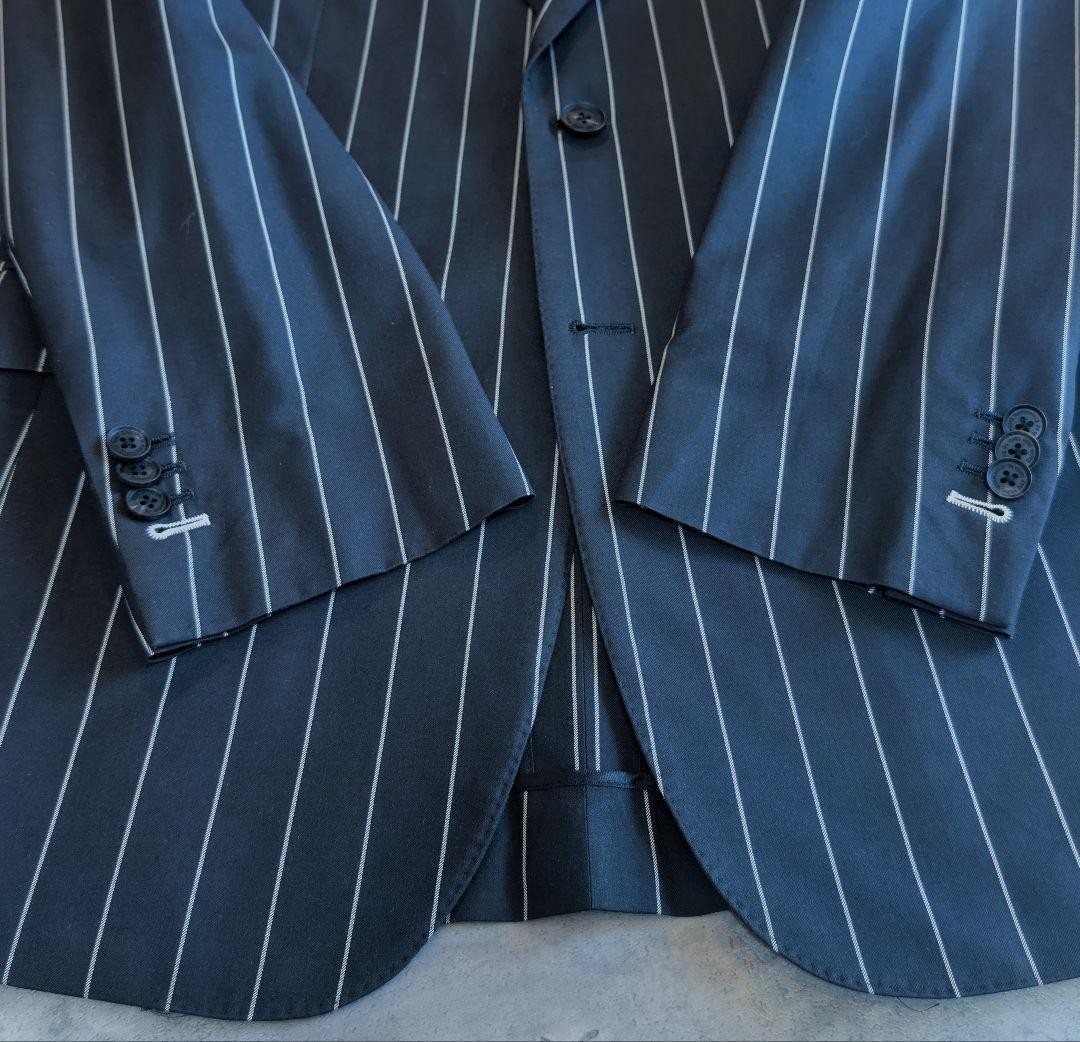 ERMENEGILDO ZEGNA Chalk Stripe Suit Black Cotton Silk Slim Fit 38R 2 Piece