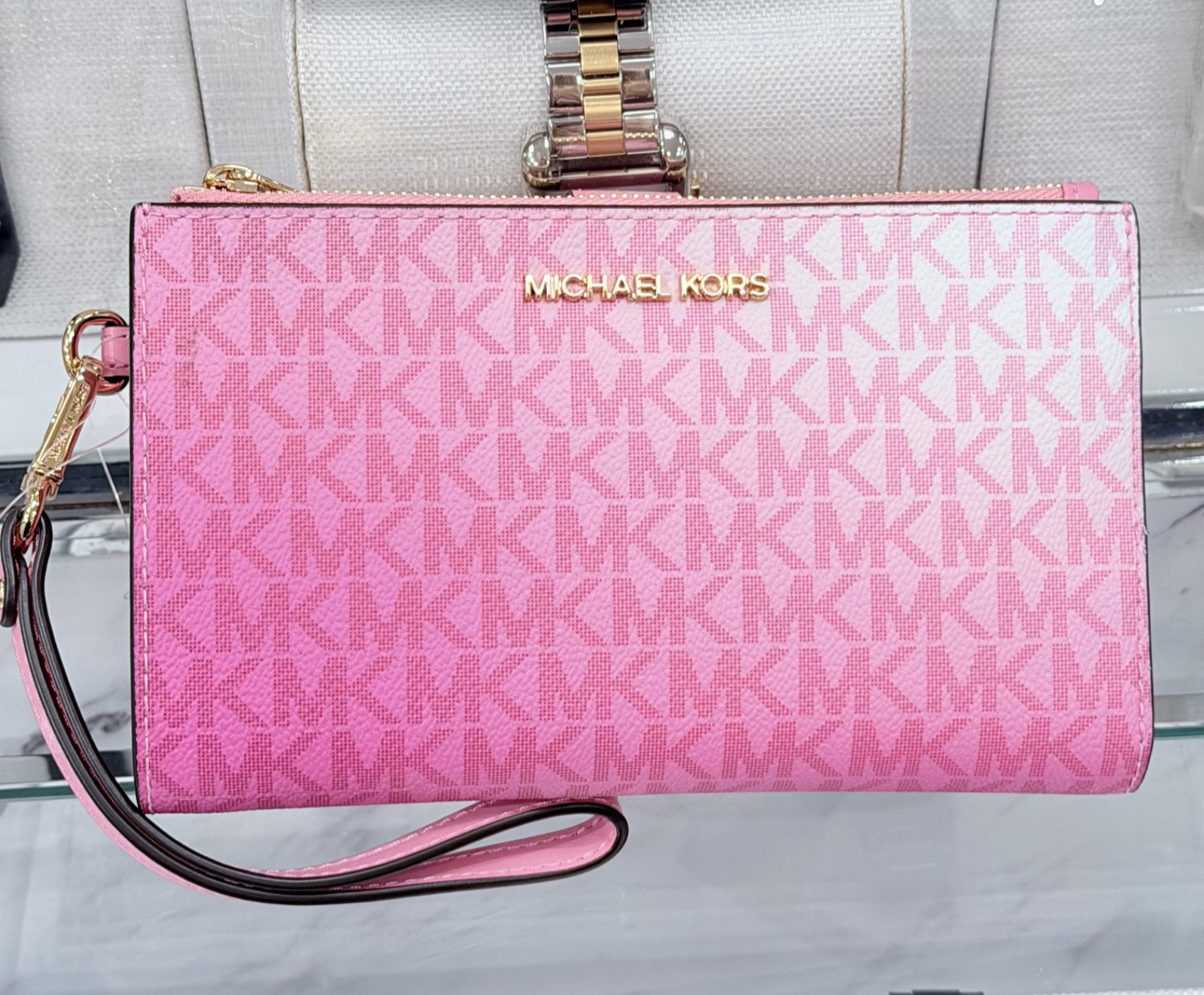 Michael Kors Jet Set Travel Double Zip Wristlet Wallet MK Logo Ombre Carnation