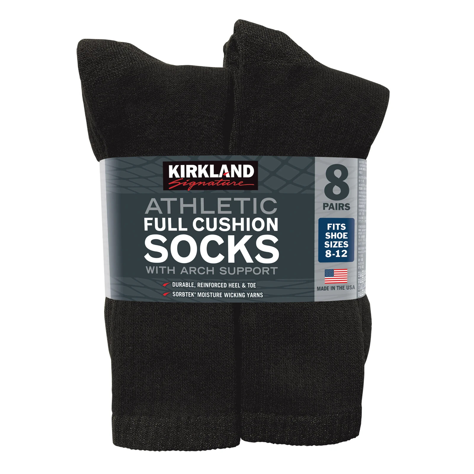 Kirkland Signature Men’s Athletic Sock, 8-pair Arch Support Made in USA