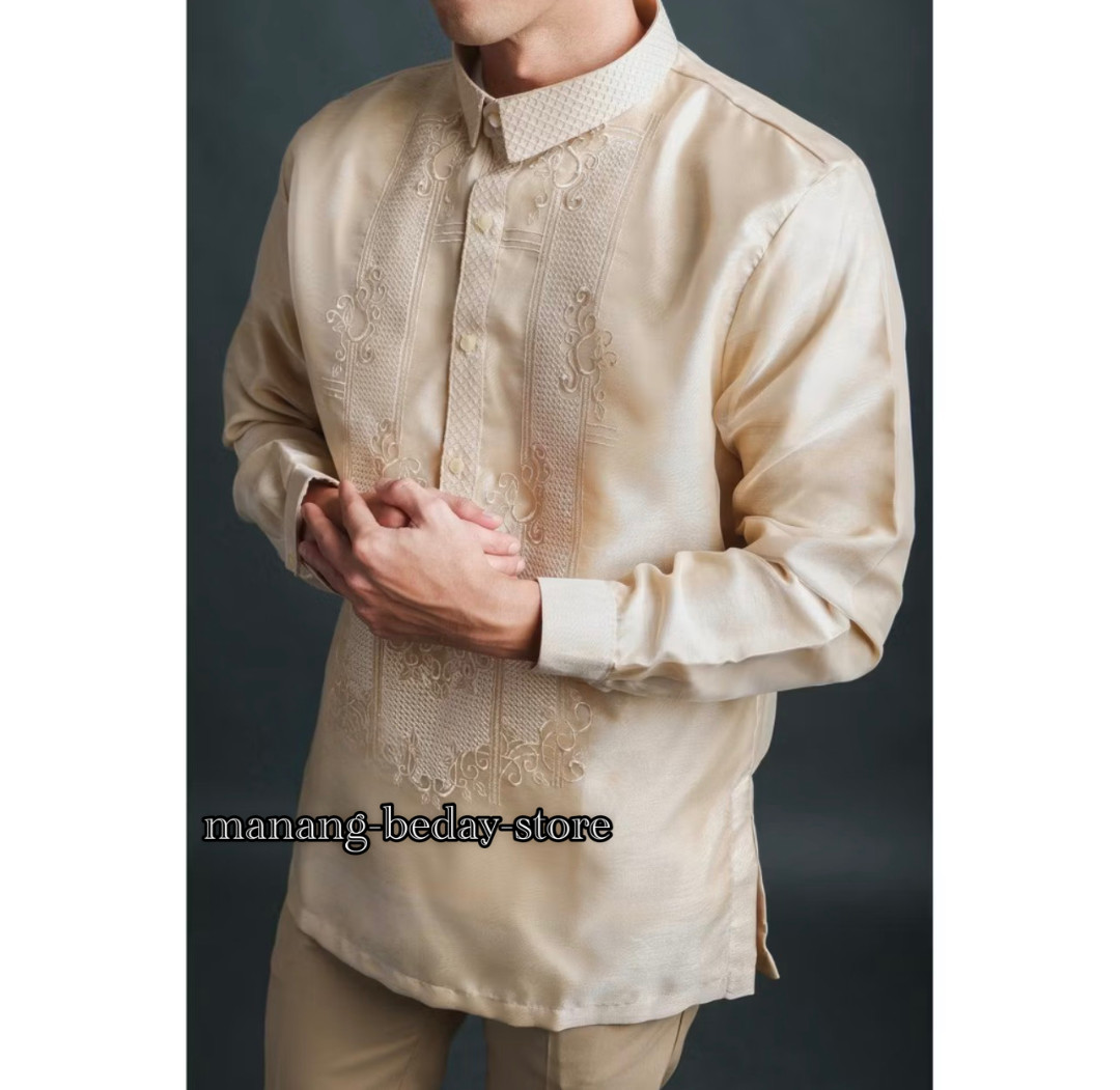 Barong Tagalog for Men Pina Organza w/ Lining Beige Spots & Chinese collar
