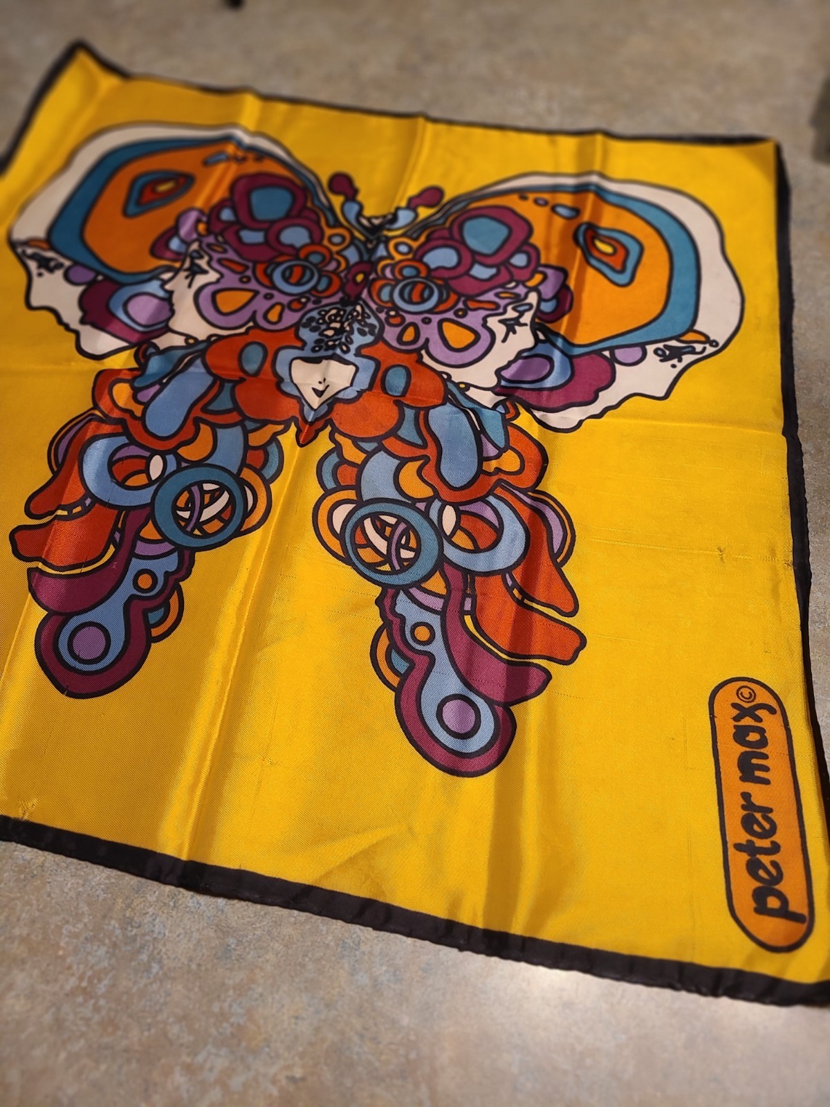 Peter Max Authentic 60s Psychedelic Butterfly Silk Scarf. 21″ Square. Rare Find.