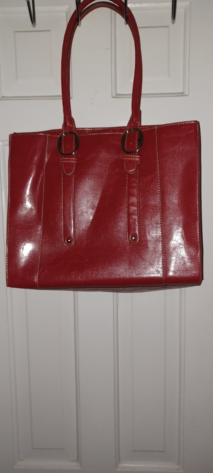 Womens Red Faux Leather, Black Lined Inner Pockets Silver Hardware Medium