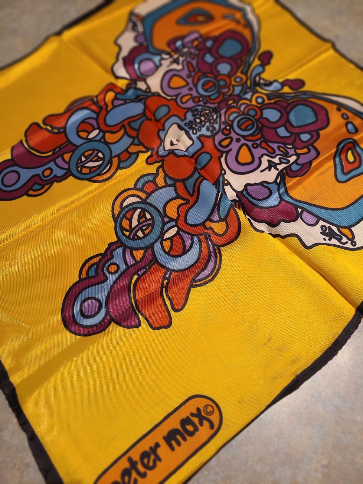 Peter Max Authentic 60s Psychedelic Butterfly Silk Scarf. 21″ Square. Rare Find.
