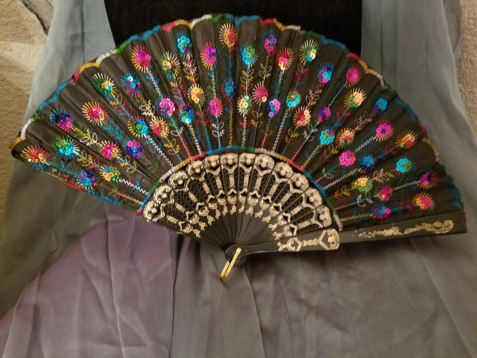 Fabric Embroidered Folding Handheld Fan Sequins Party Bridals Wedding USA Seller