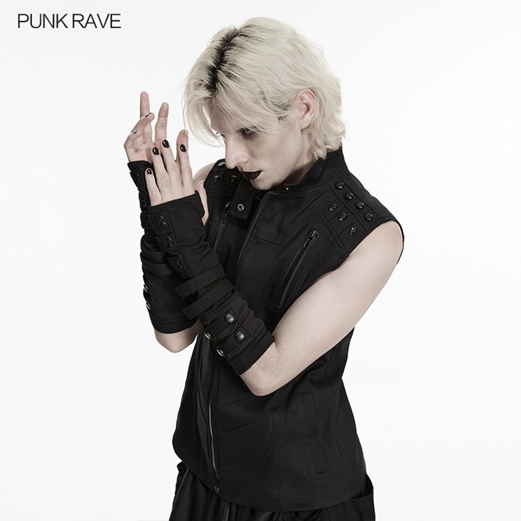 Punk Rave Men Black Goth Cyberpunk Rivets Gloves Steampunk Long Cuff Arm Warmer